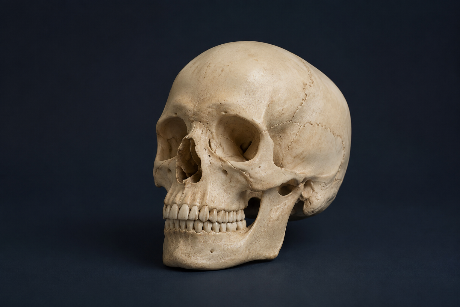 Modello anatomico realistico del cranio umano in vista di tre quarti